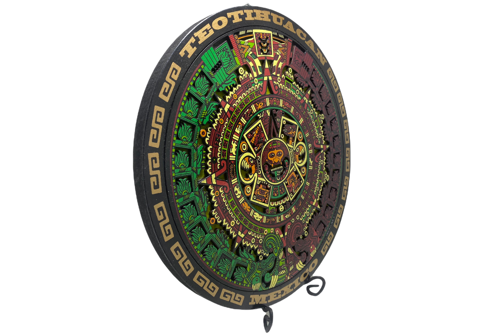 Calendario Azteca tallado en madera de 27 cm diámetro para decoración de interiores y exteriores.