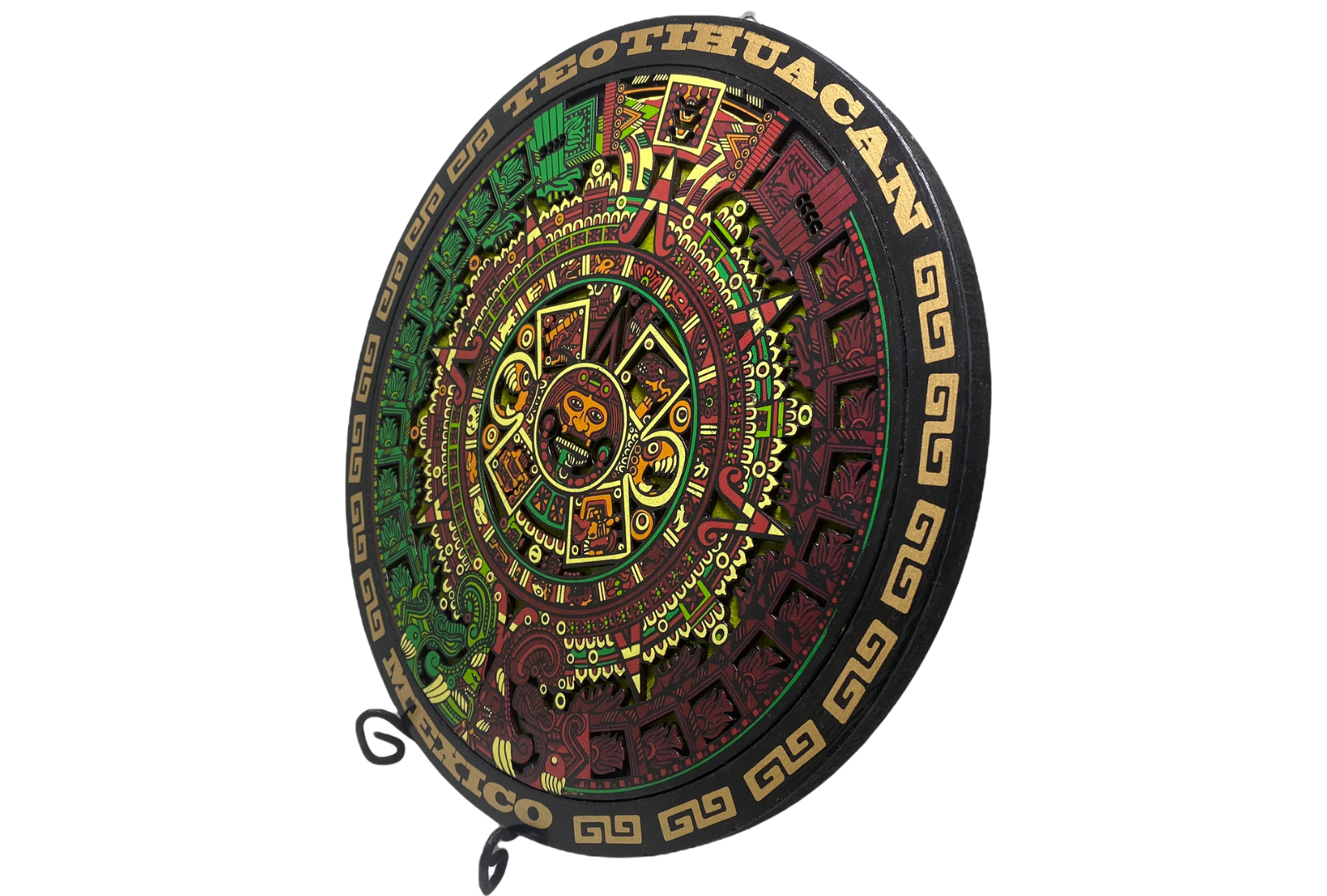 Calendario Azteca tallado en madera de 27 cm diámetro para decoración de interiores y exteriores.