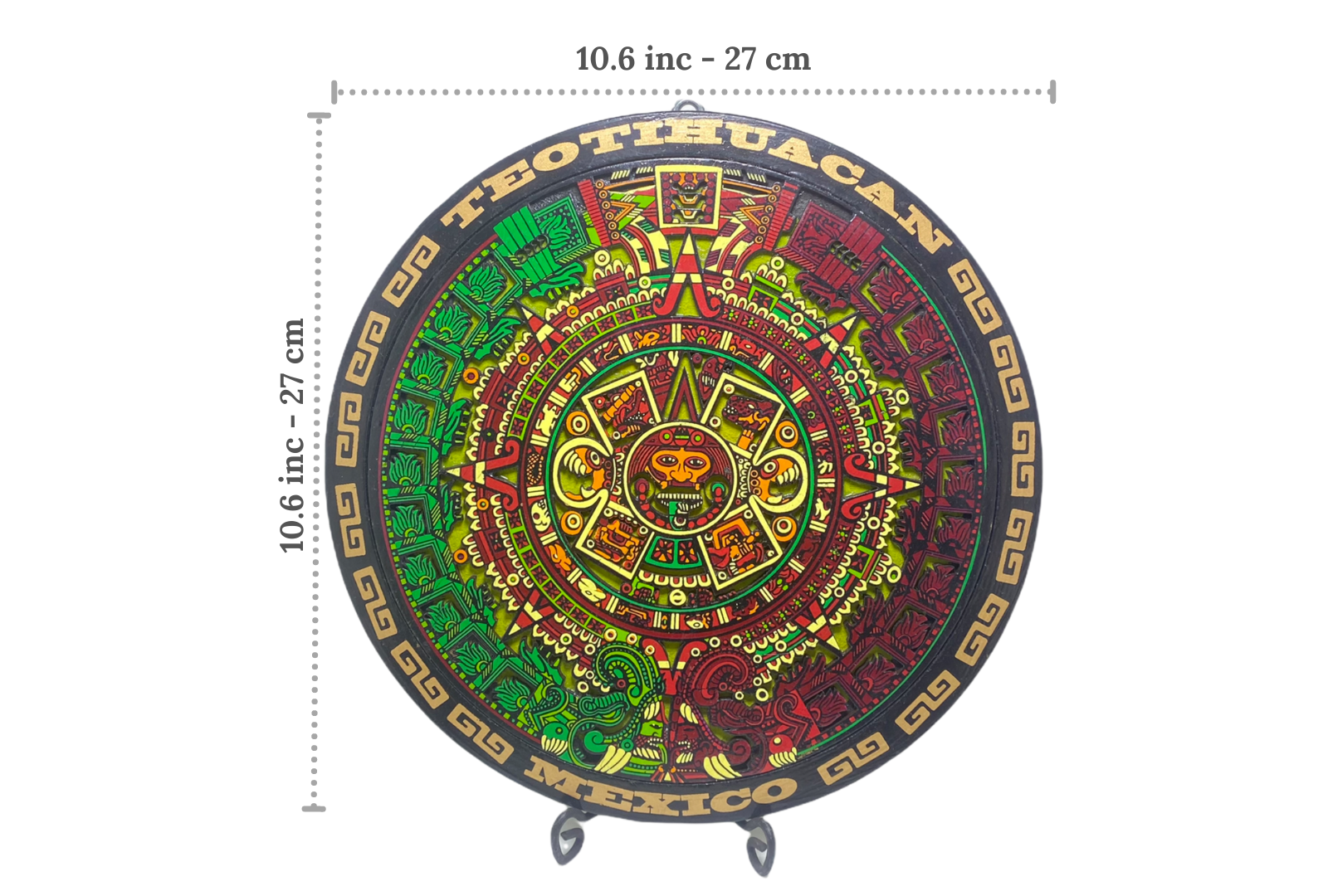 Calendario Azteca tallado en madera de 27 cm diámetro para decoración de interiores y exteriores.