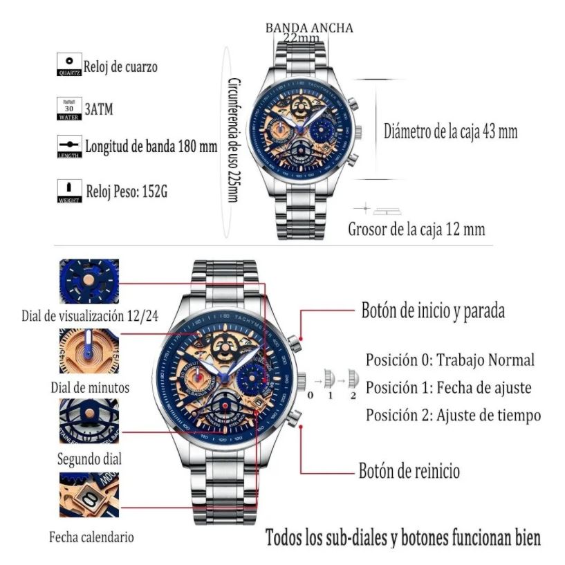  Reloj Impermeable Para Hombre Acero Inoxidable Nibosi Skeleton