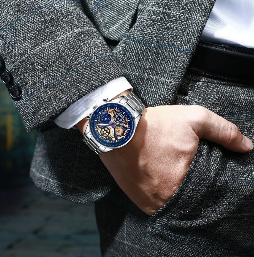  Reloj Impermeable Para Hombre Acero Inoxidable Nibosi Skeleton
