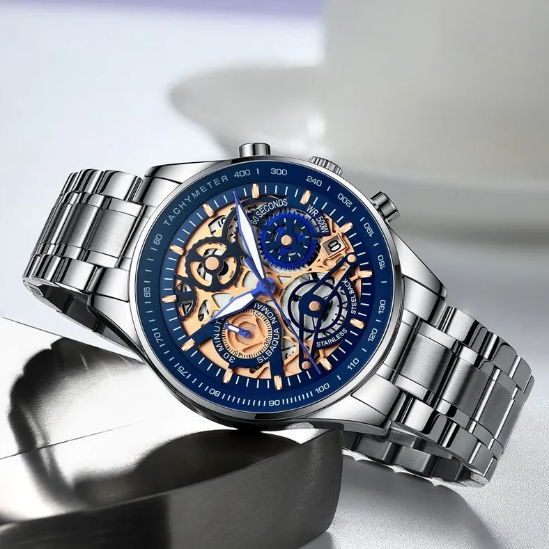  Reloj Impermeable Para Hombre Acero Inoxidable Nibosi Skeleton