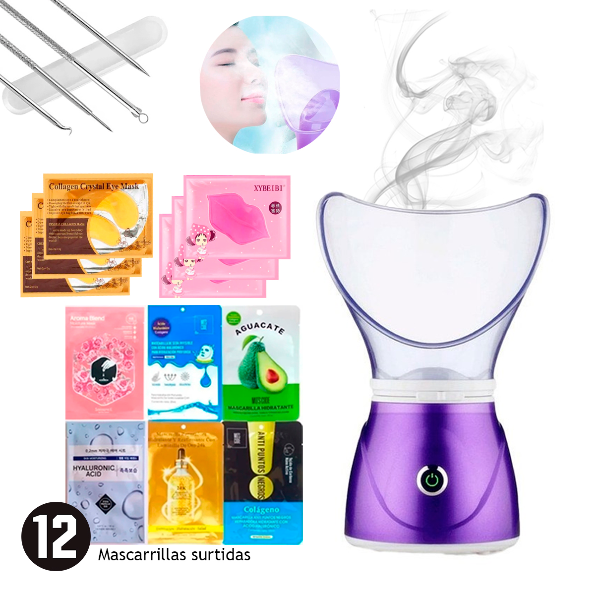 Mascarillas, Colágeno, Vaporizador Facial Spa, Removedor De Puntos Negros, Set Limpieza Y Cuidado Facial