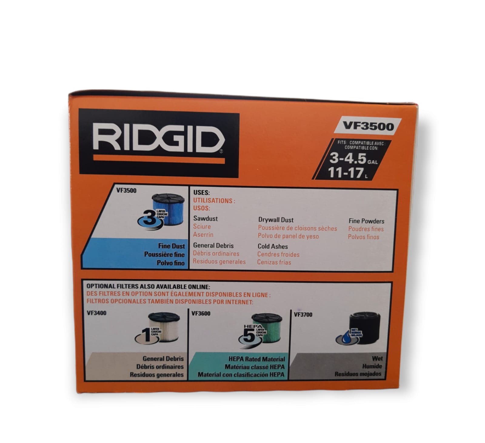 FILTRO PARA POLVO FINO PARA ASPIRADORAS RIDGID VF3500 26643