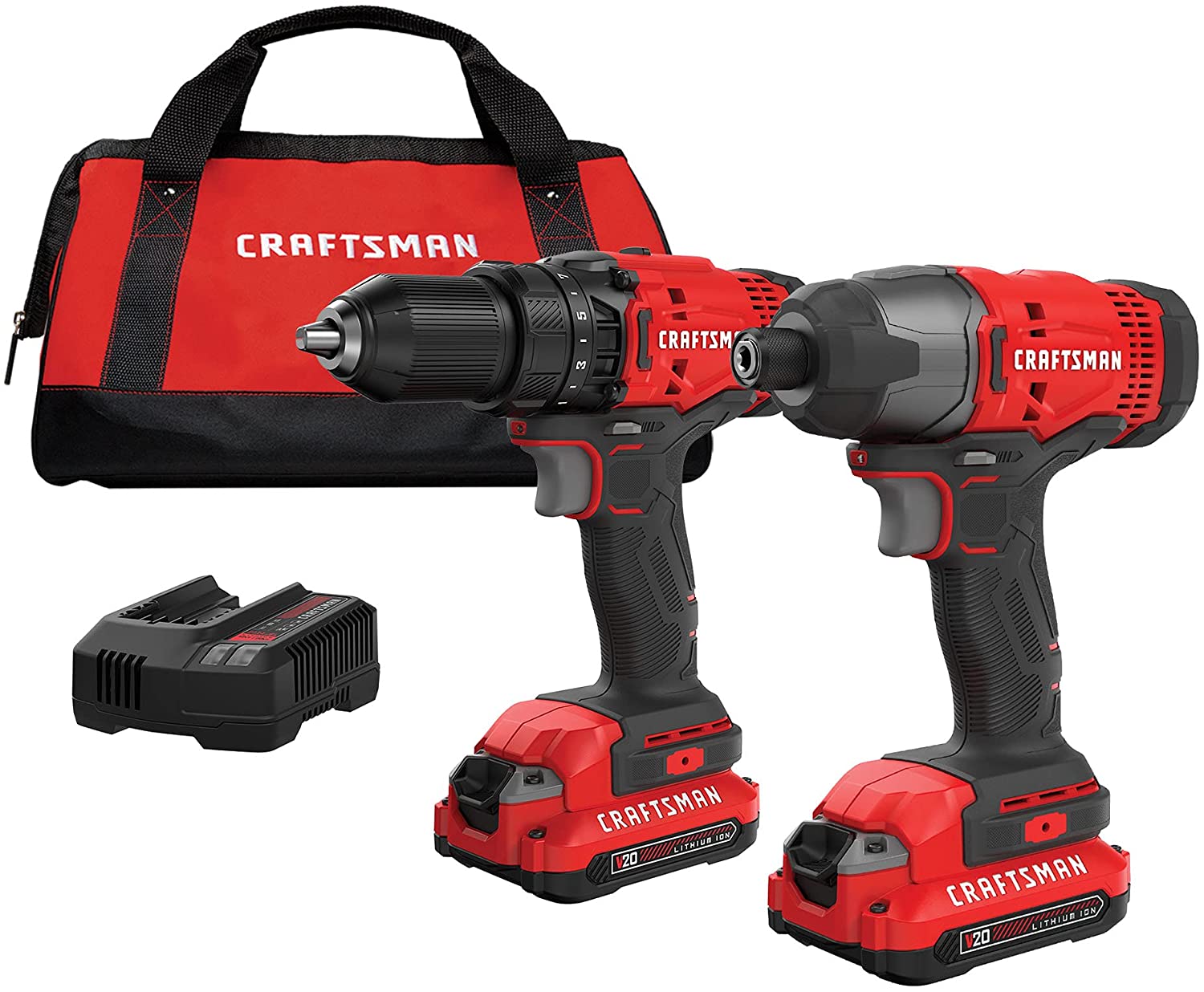 CRAFTSMAN Kit de Herramientas 20V Inalambricas con Taladro Atornillador y Atornilladro de Impacto con 2 Baterías