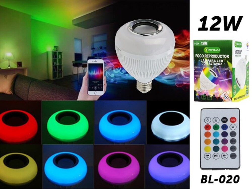 Foco Lampara Led Bluetooth Con Bocina Rgb De Colores Control E27 840 Lm 12 W