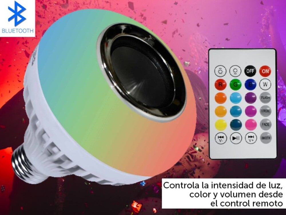 Foco Led Con Bocina Bluetooth Control 12w Luz De Colores Rgb 840 LM E27