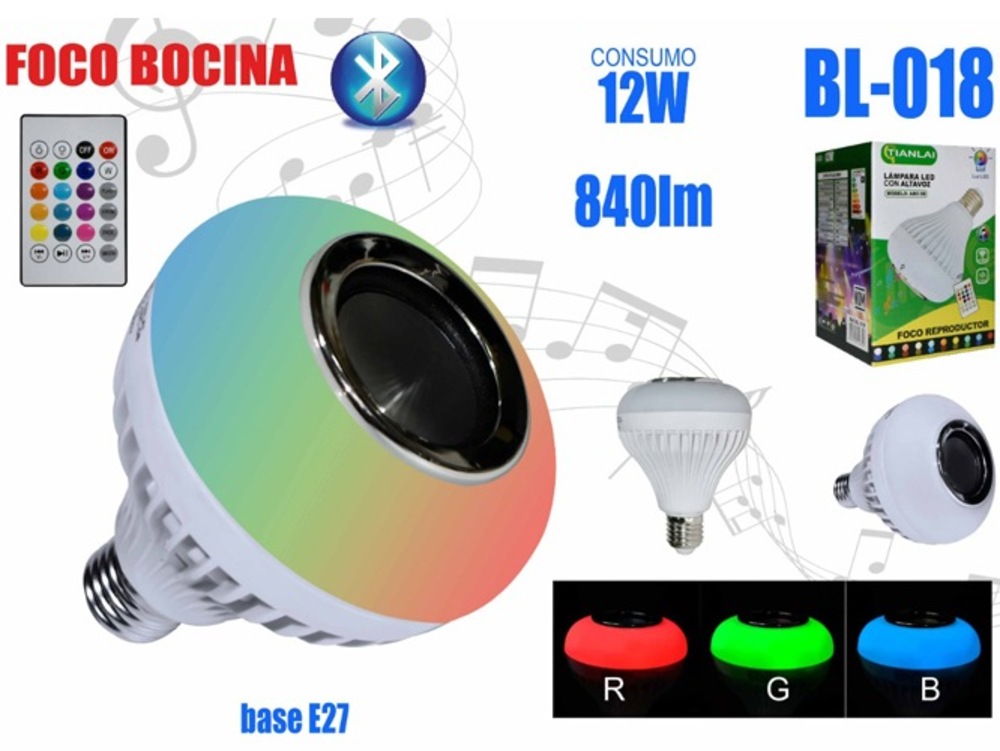 Foco Led Con Bocina Bluetooth Control 12w Luz De Colores Rgb 840 LM E27
