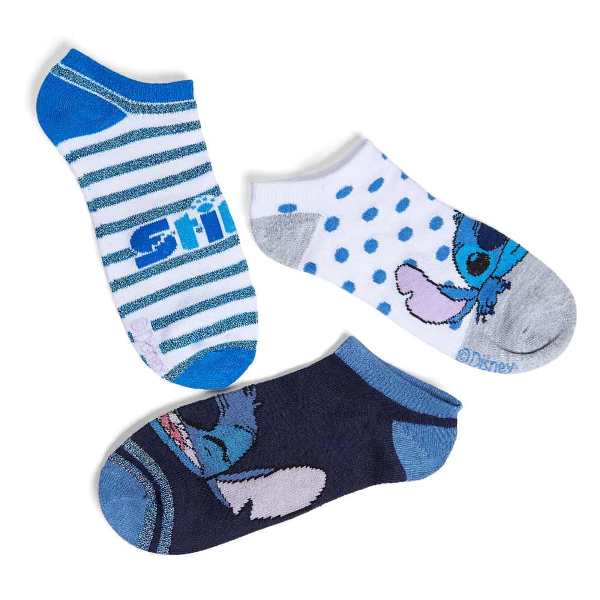 Set de 3 pares diferentes de calcetas para niña con Stitch, de Disney, azul con blanco, mod. 1016065