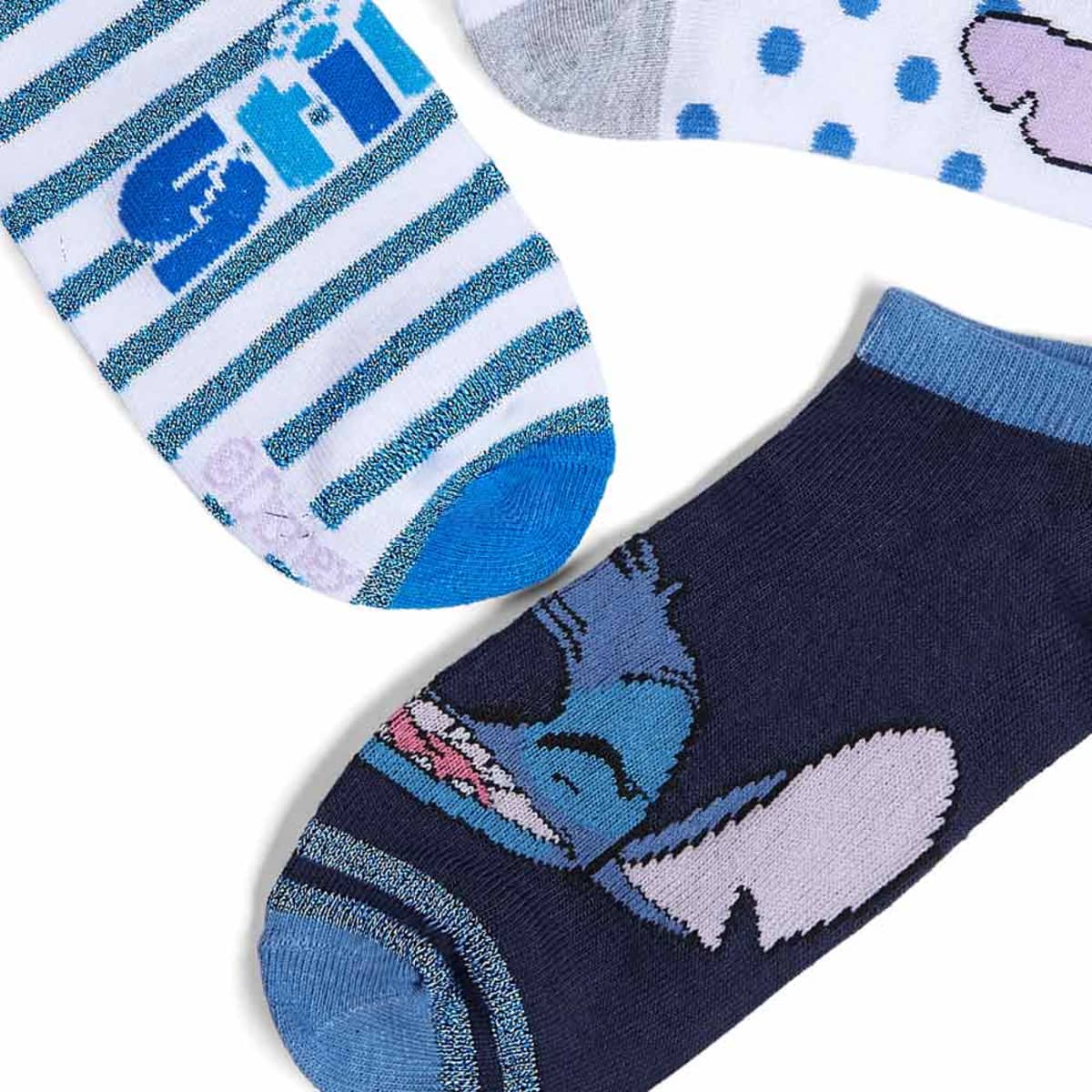 Set de 3 pares diferentes de calcetas para niña con Stitch, de Disney, azul con blanco, mod. 1016065