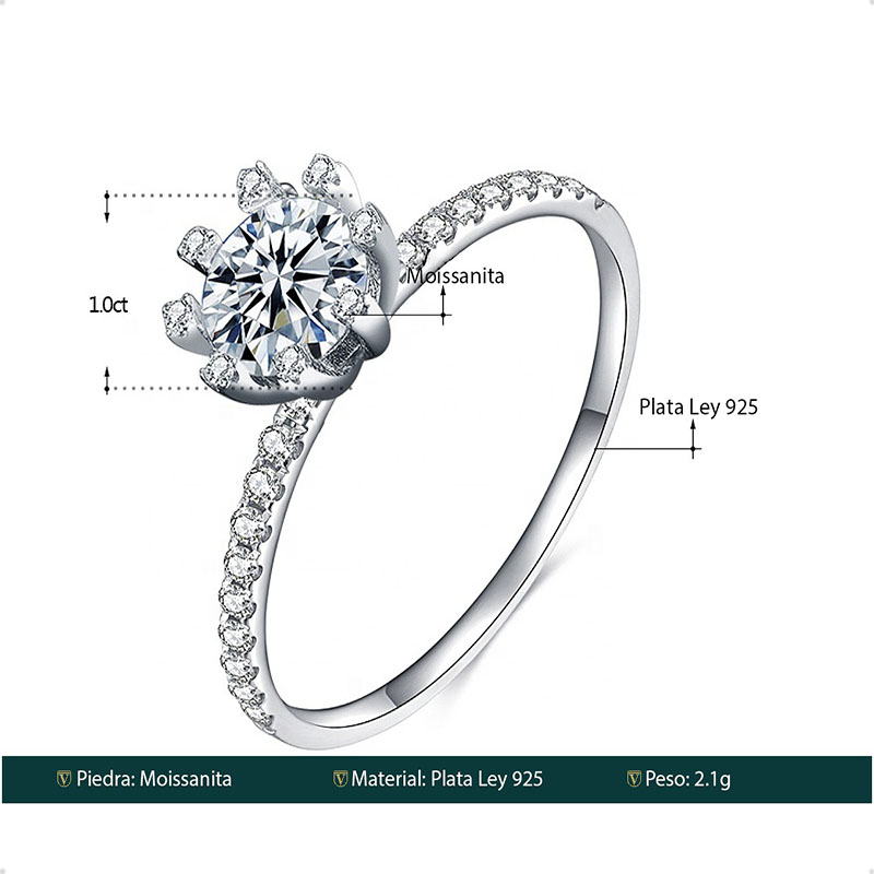Anillo Compromiso Plata Ley 925 Moissanita 1.0ct Solitario VAROURO 