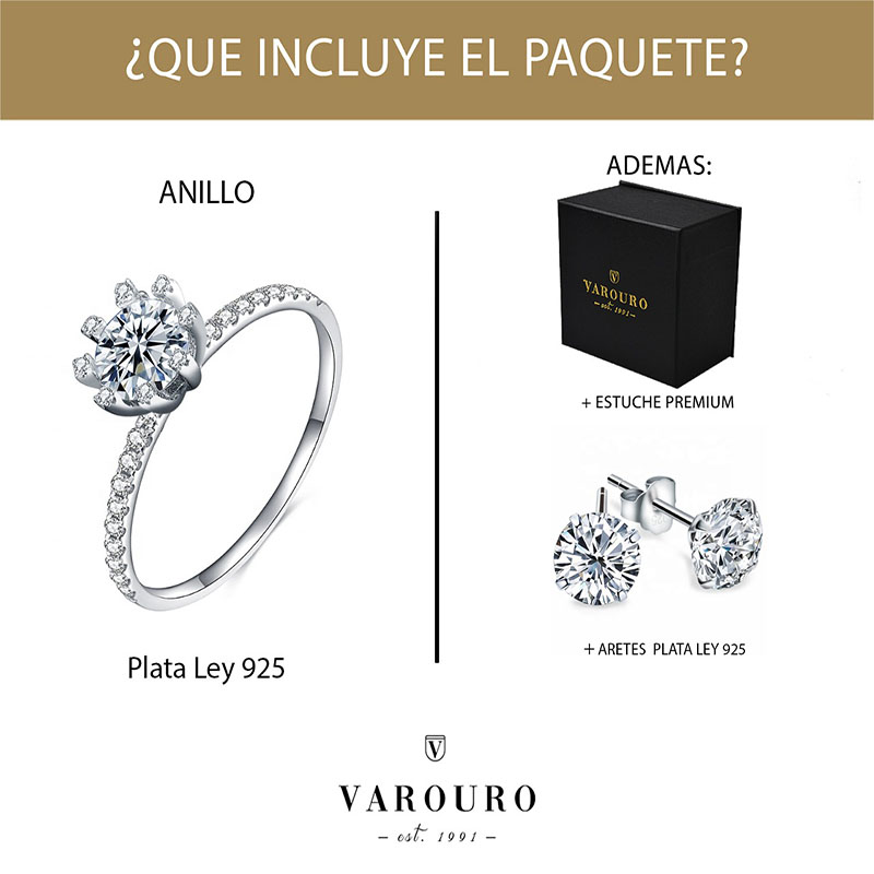 Anillo Compromiso Plata Ley 925 Moissanita 1.0ct Solitario VAROURO 