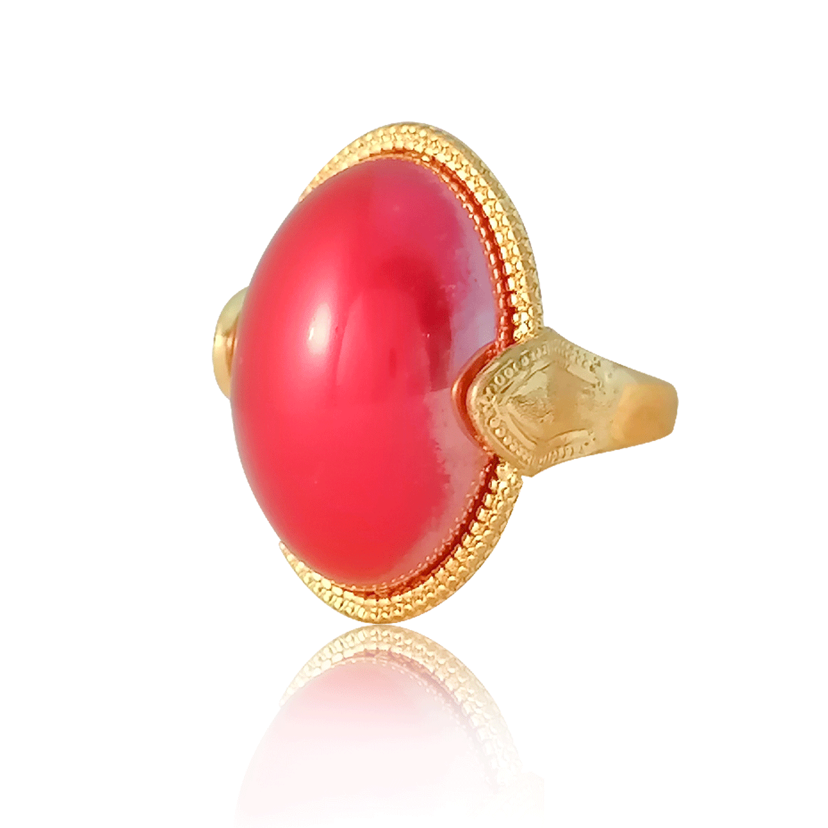 Anillo No 8 Oro 18k Laminado #141 con piedra grande forma de huevo al centro color rojo Largo 3 cm Ancho 2 cm