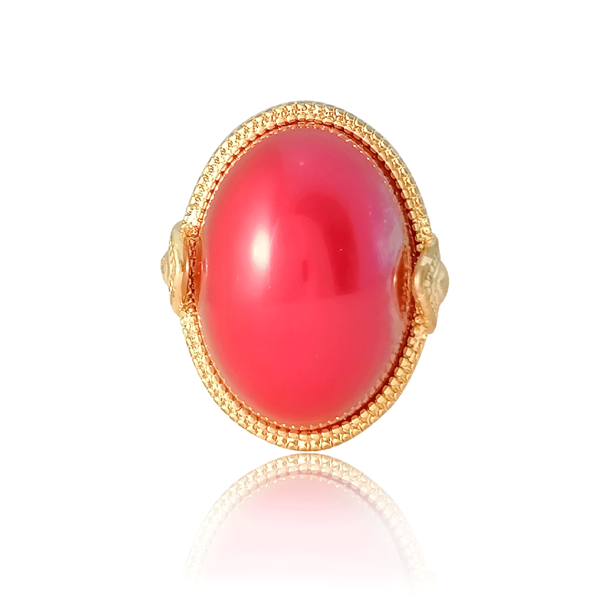 Anillo No 8 Oro 18k Laminado #141 con piedra grande forma de huevo al centro color rojo Largo 3 cm Ancho 2 cm