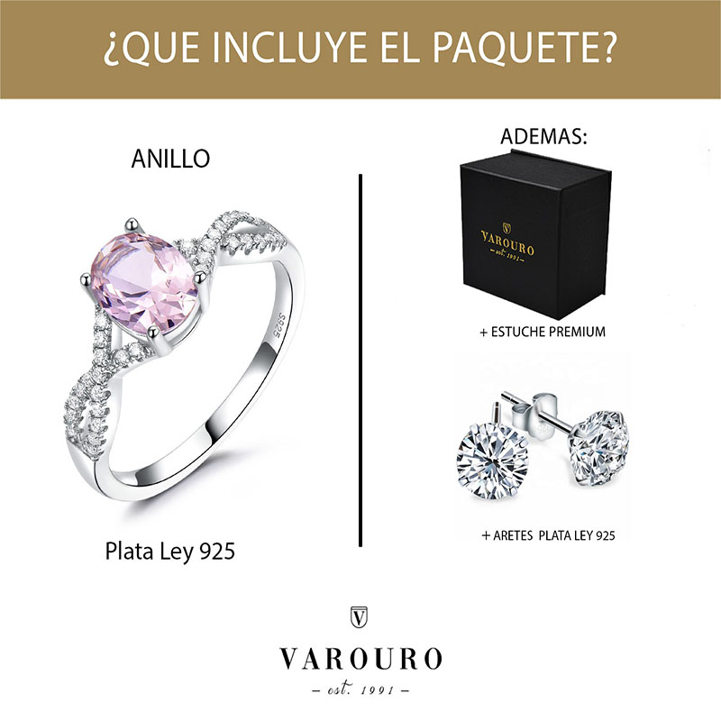 Anillo De Compromiso Plata Ley 925 Morganita Rosa  VAROURO + Estuche