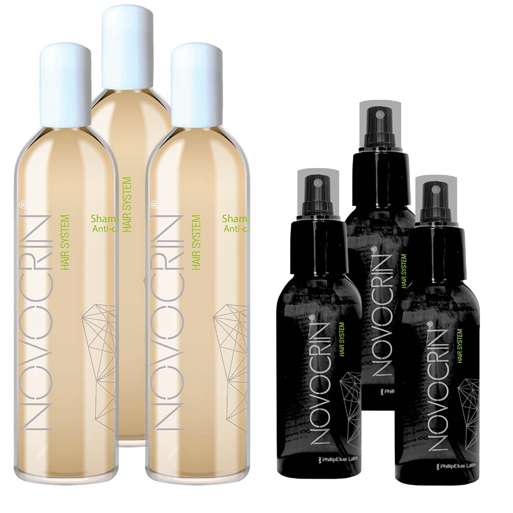 Tratamiento capilar / Tratamiento calipar, Promotor del crecimiento del cabello, evita la caida, Inhibe la formación de grasa, Sin efectos secundarios / NOVOCRIN / Loción + Shampoo, Tratamiento capilar, Inhibe formación de grasa, prolonga el ciclo de vida del cabello con biotecnología - 250 + 100 ml  / 3 pzs