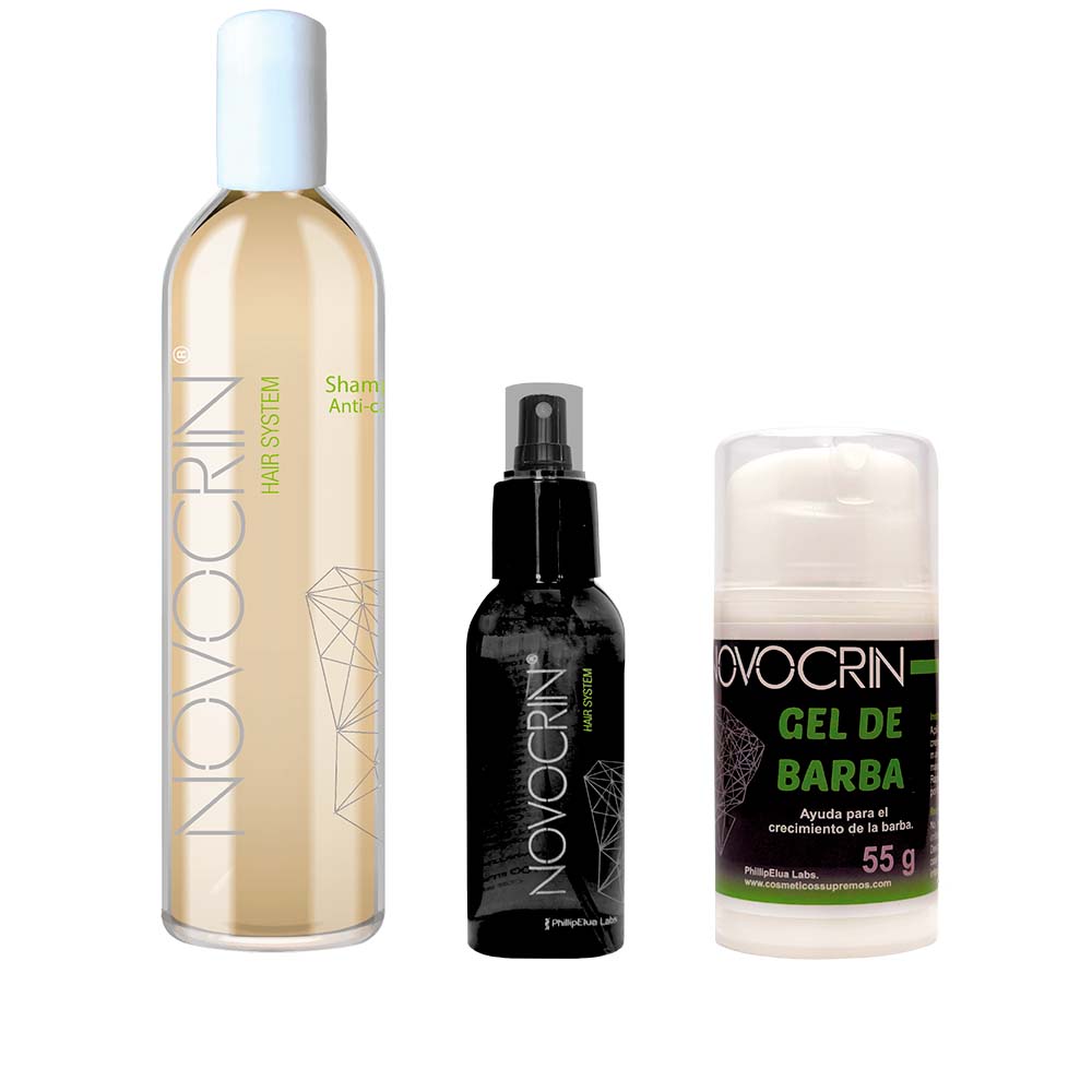 Tratamiento capilar / Shampoo anticaída + Loción crecimiento capilar + Suero crece barba y bigote / NOVOCRIN / prolonga el ciclo de vida del cabello y bigote con biotecnología
