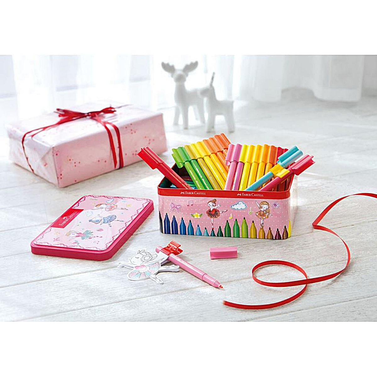 Estuche Metálico De Bailarina Con 25 Plumones Faber Castell Connector Pen 