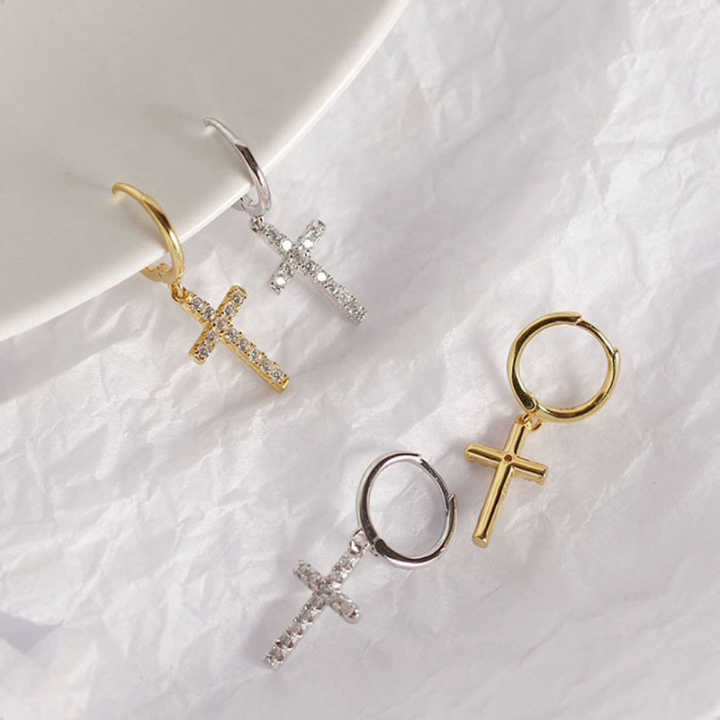  Aretes Plata Ley 925 Cruz Zirconia  VAROURO | Piercing Amor + Estuche