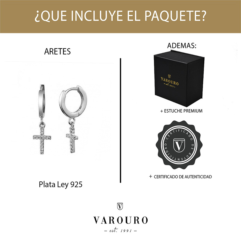  Aretes Plata Ley 925 Cruz Zirconia  VAROURO | Piercing Amor + Estuche