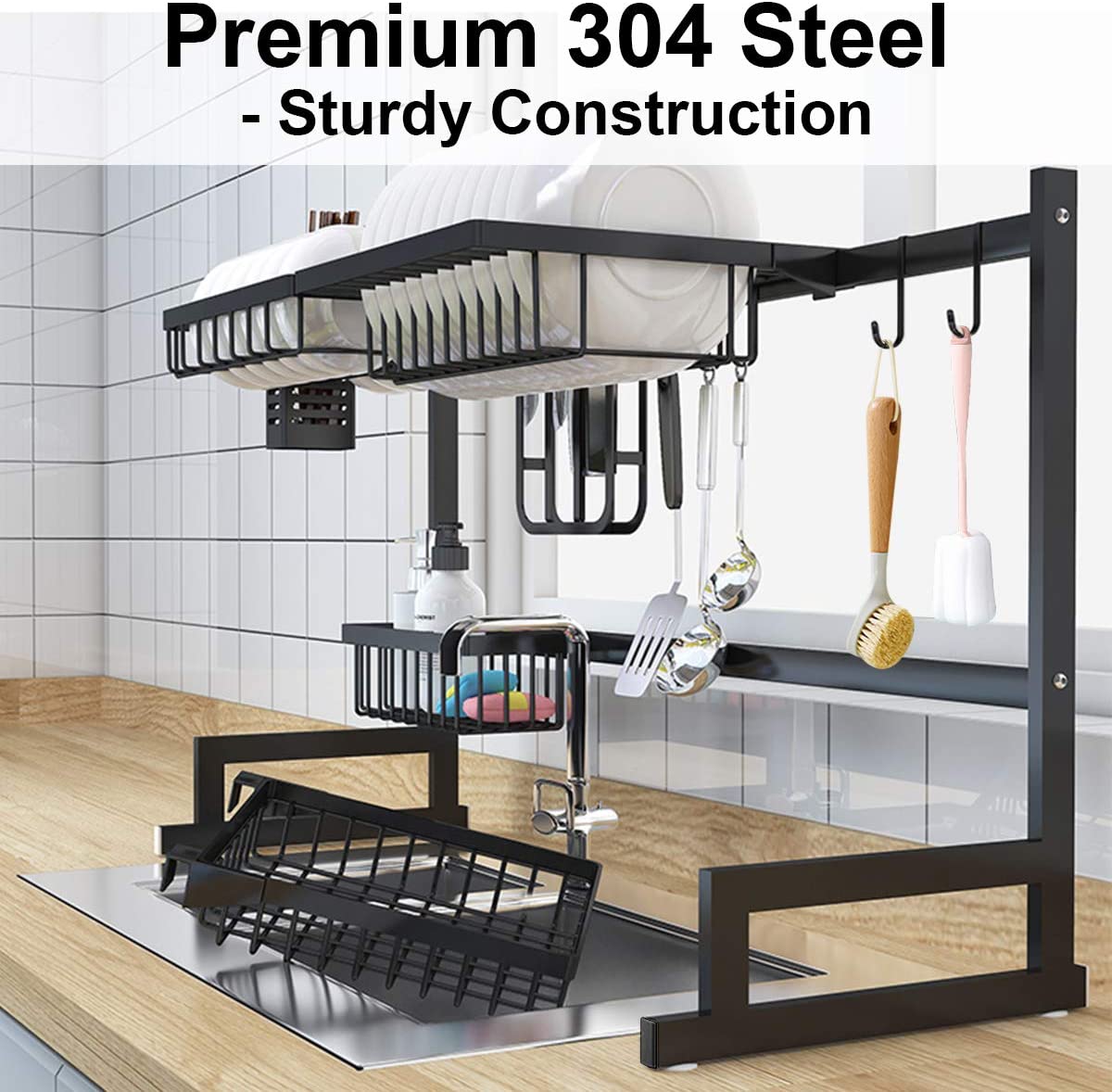 Escurridor de platos 65 cm escurridor de trastes encima de la tarja de Acero Inoxidable para Secado Y Almacenamiento estante para ollas