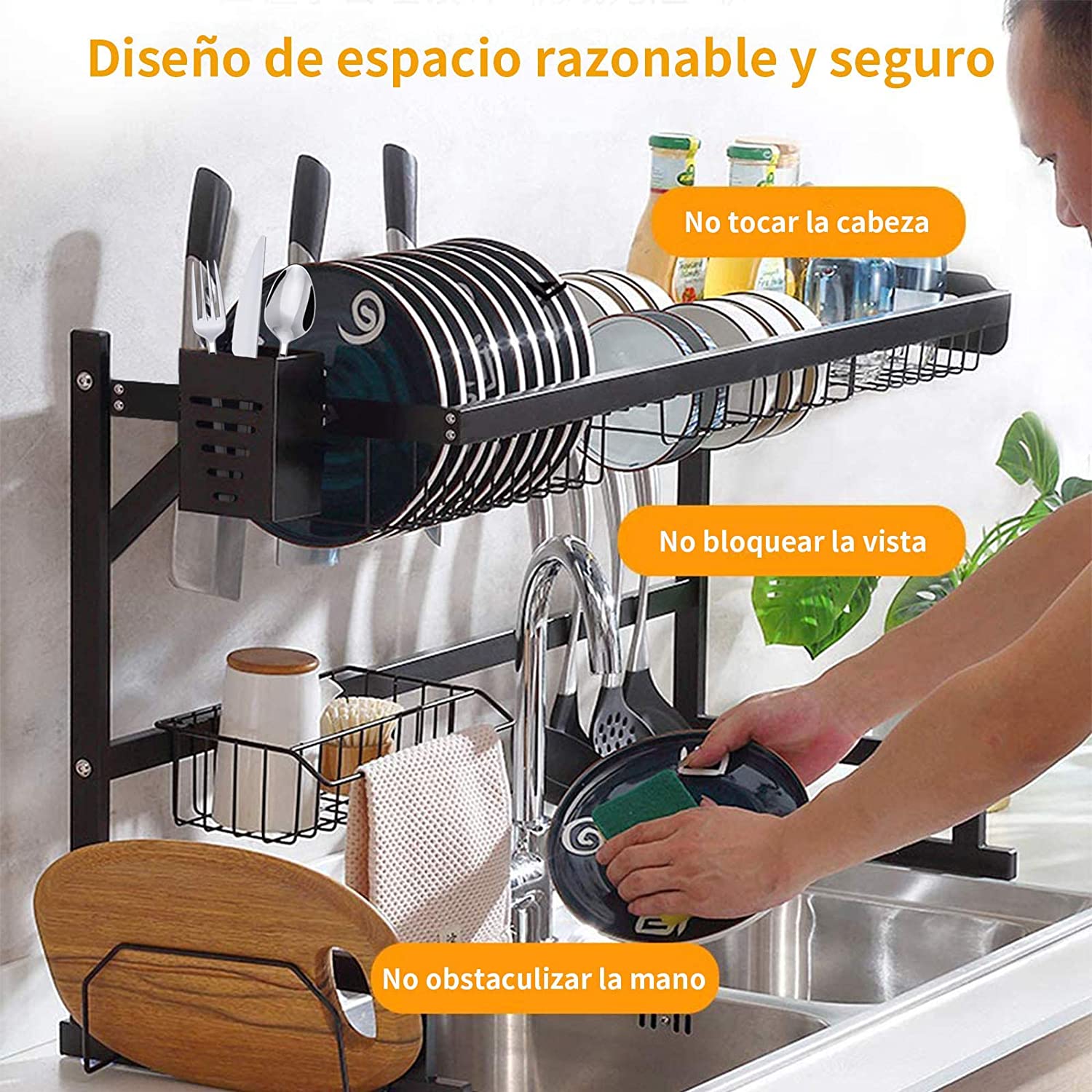 Escurridor de platos 65 cm escurridor de trastes encima de la tarja de Acero Inoxidable para Secado Y Almacenamiento estante para ollas