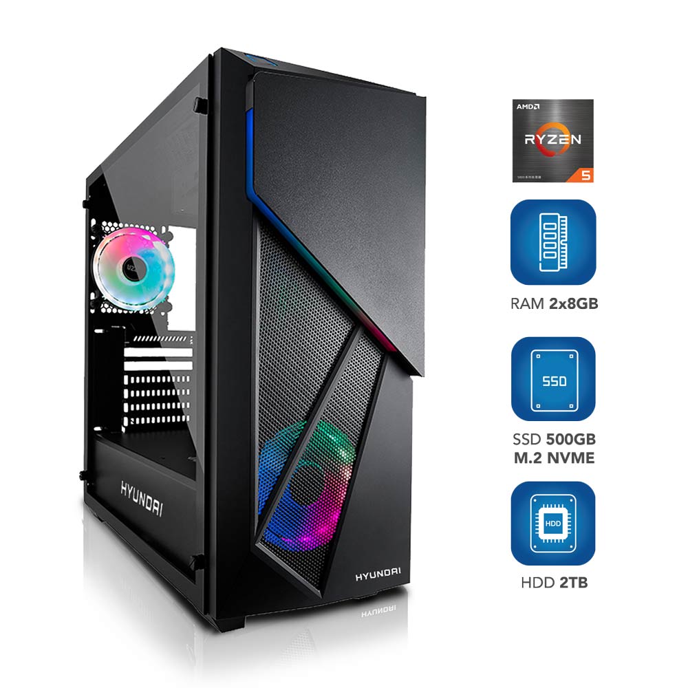 PC AMD Ryzen 5600X 3.7GHz 16GB RAM 3200 RGB SSD M.2 NVME HD 2TB Zotac RTX 3060 Gabinete Hyundai 650W Bronze