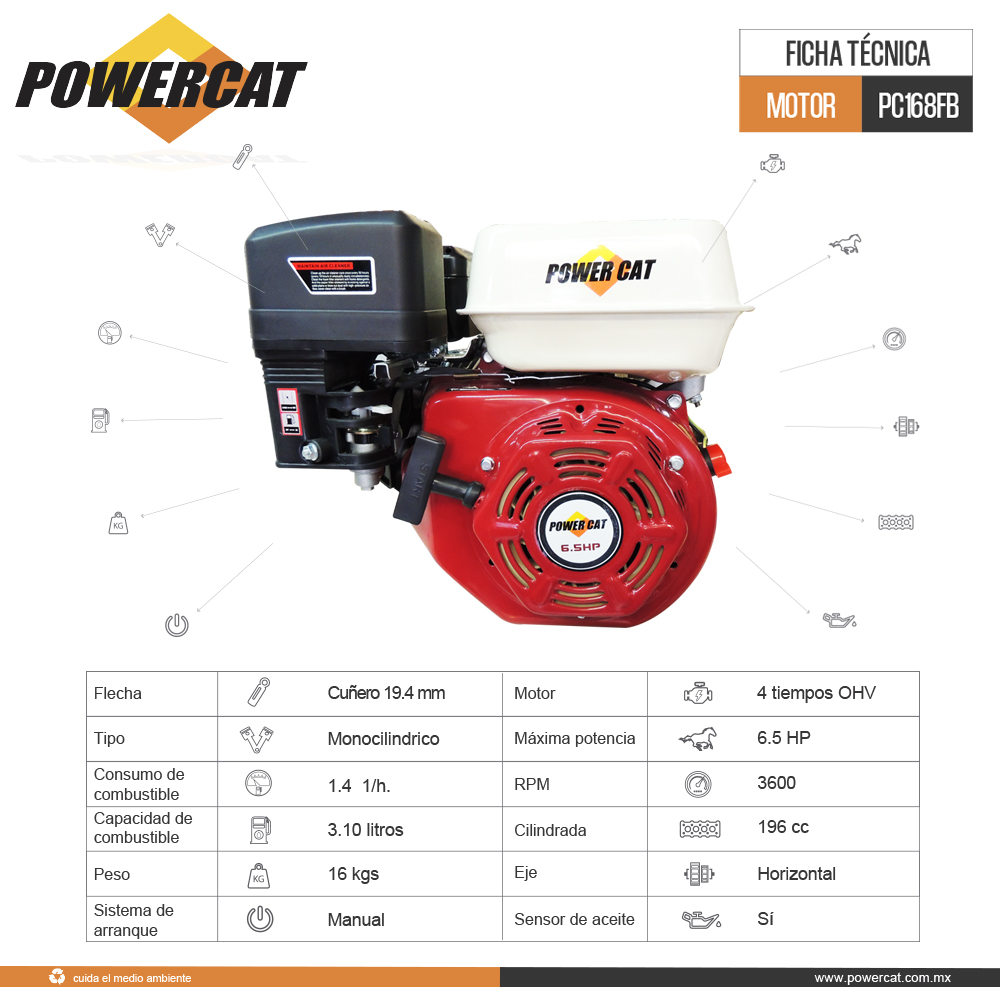 MOTOR POWERCAT ARRANQUE MANUAL 6.5 HP PC168FB