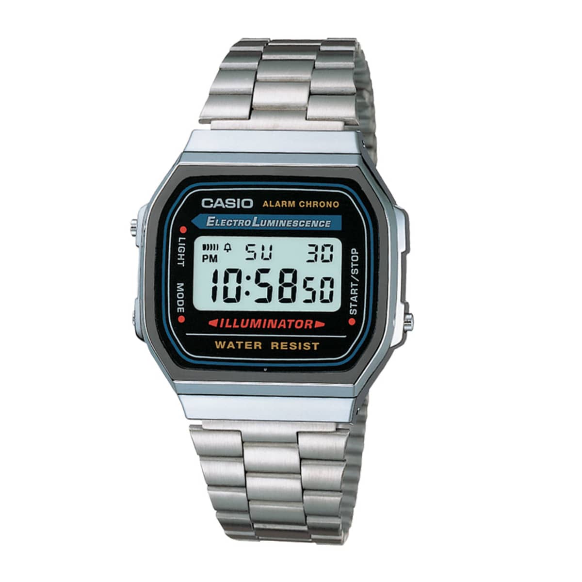 Reloj de pulsera digital Casio para hombre, con carátula negra y extensible plateado, mod. 164173