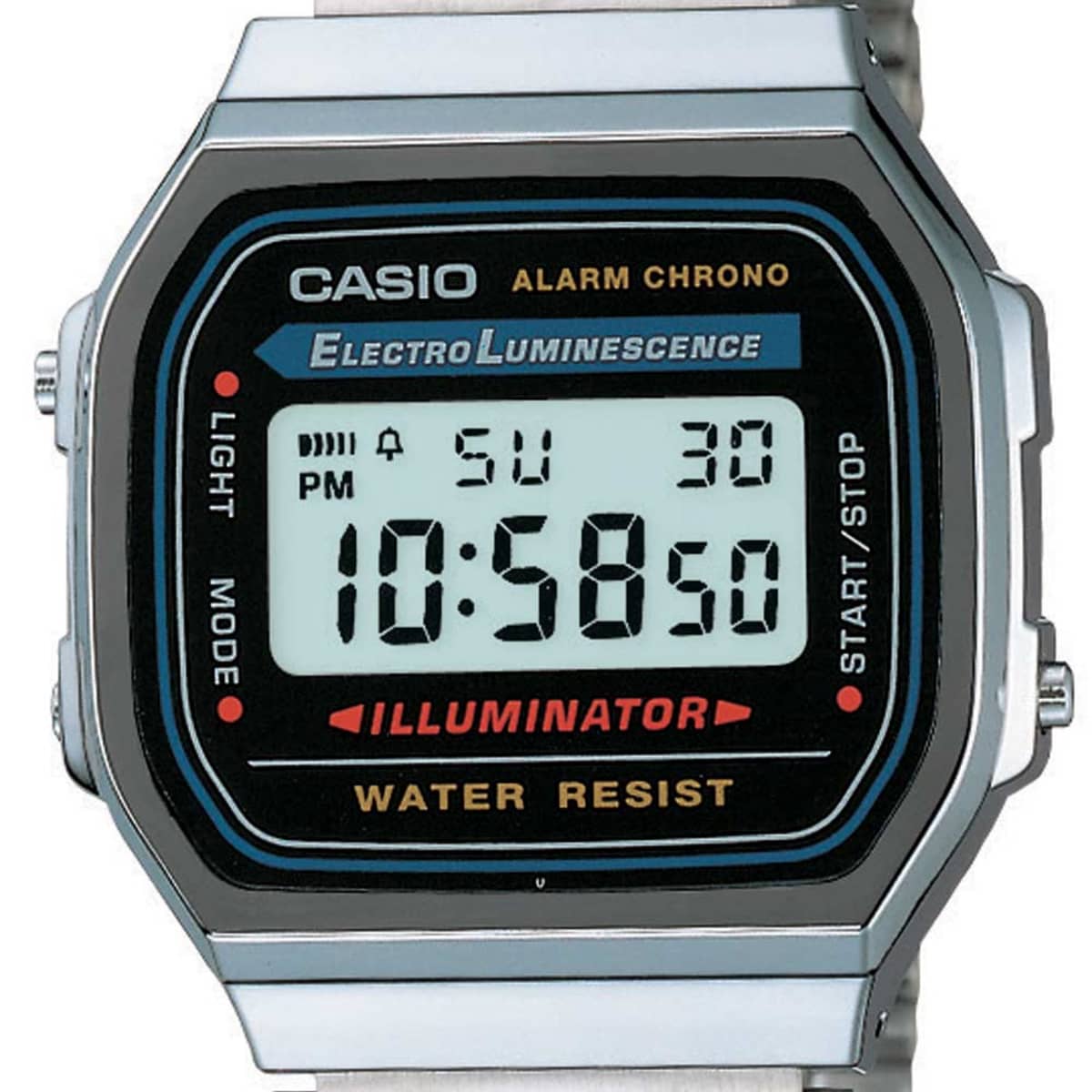 Reloj de pulsera digital Casio para hombre, con carátula negra y extensible plateado, mod. 164173