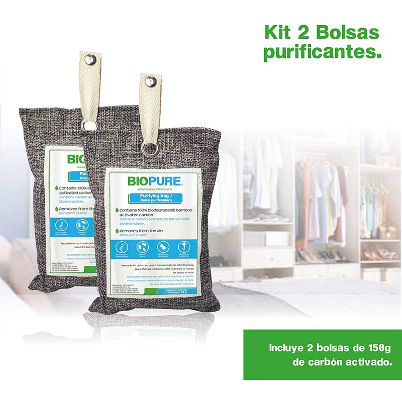 Kit de 2 bolsas purificadoras - Carbón activado 100% biodegradable - Bambú - Remueve malos olores, humedad, moho y alérgenos - Incluye 2 bolsas de 150gr y 2 listones para colgar.