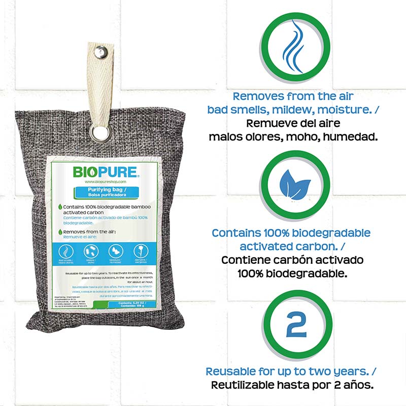 Kit de 2 bolsas purificadoras - Carbón activado 100% biodegradable - Bambú - Remueve malos olores, humedad, moho y alérgenos - Incluye 2 bolsas de 150gr y 2 listones para colgar.