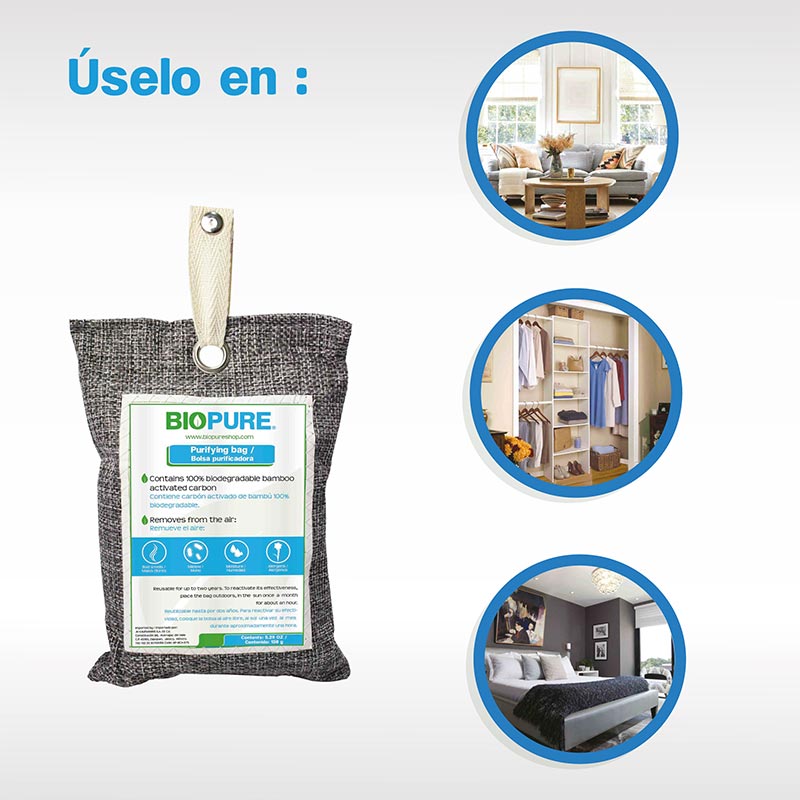Kit de 2 bolsas purificadoras - Carbón activado 100% biodegradable - Bambú - Remueve malos olores, humedad, moho y alérgenos - Incluye 2 bolsas de 150gr y 2 listones para colgar.