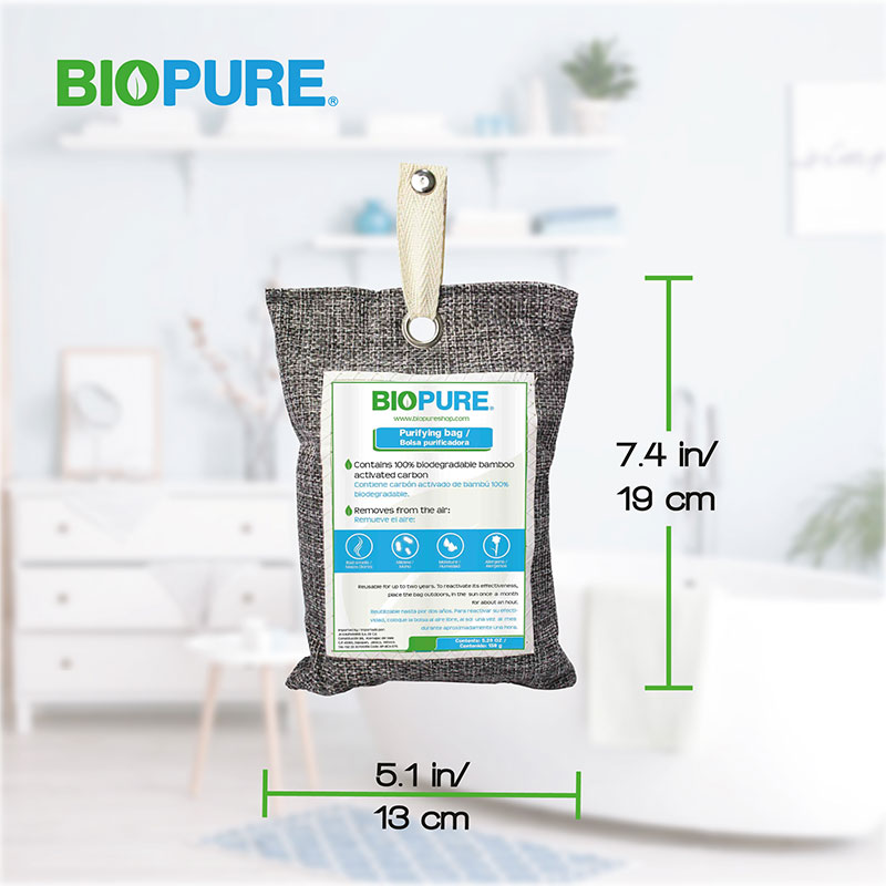Kit de 2 bolsas purificadoras - Carbón activado 100% biodegradable - Bambú - Remueve malos olores, humedad, moho y alérgenos - Incluye 2 bolsas de 150gr y 2 listones para colgar.