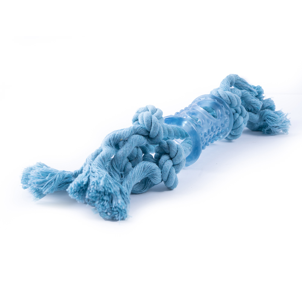 Juguete para Perro Hueso de Hilo Azul con Mordedera de Plástico chico 30cm