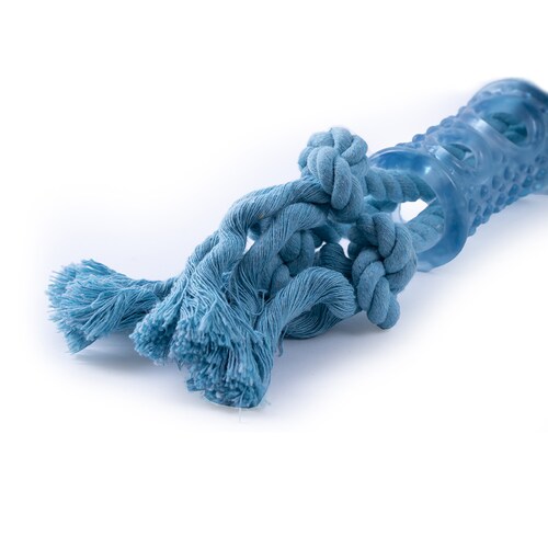 Juguete para Perro Hueso de Hilo Azul con Mordedera de Plástico chico 30cm