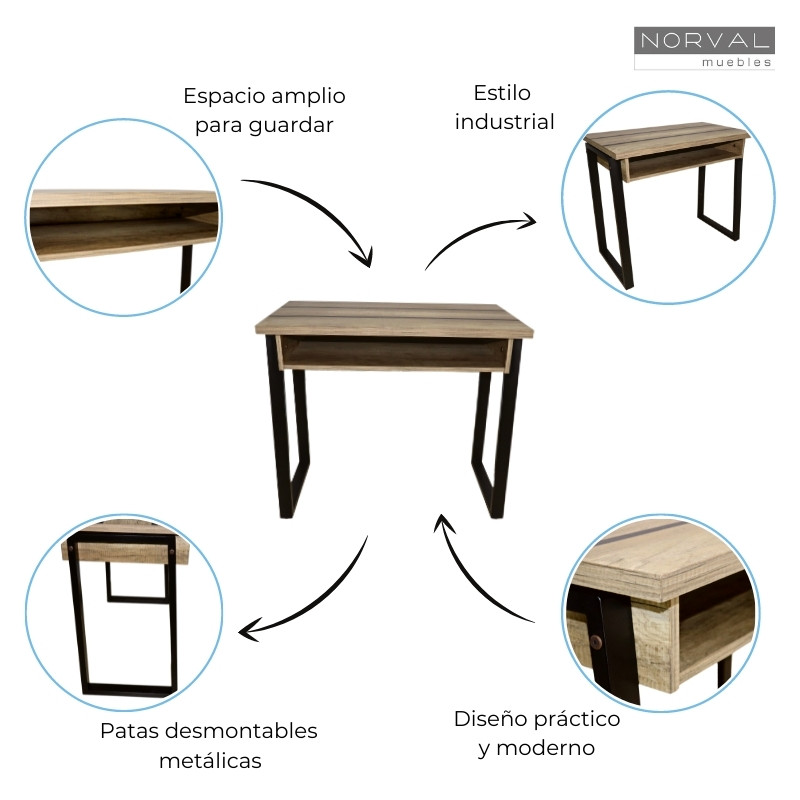 Escritorio Norval Muebles Matti Moderno de MDF y Melamina y Patas Metálicas Pequeño Roble y Negro 