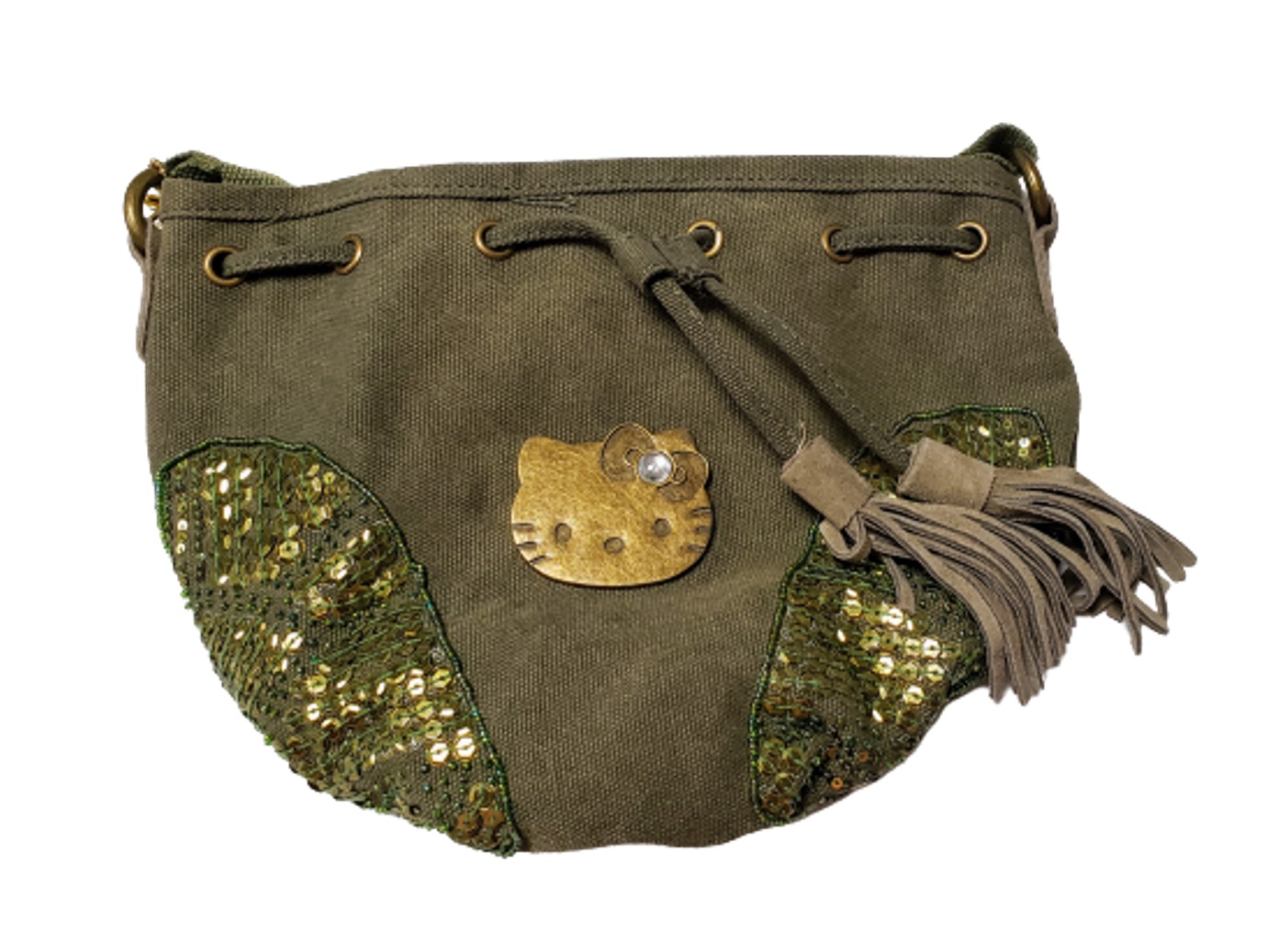 Hello Kitty bolsa morral de mezclilla con correa verde