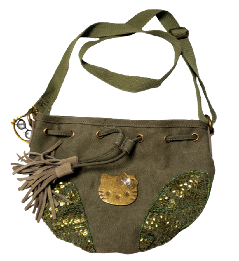 Hello Kitty bolsa morral de mezclilla con correa verde