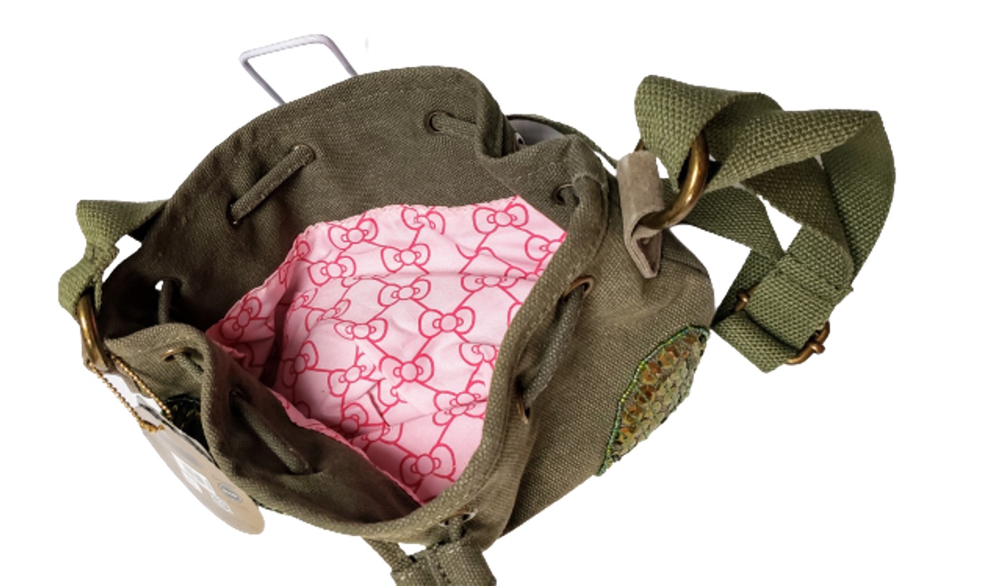 Hello Kitty bolsa morral de mezclilla con correa verde