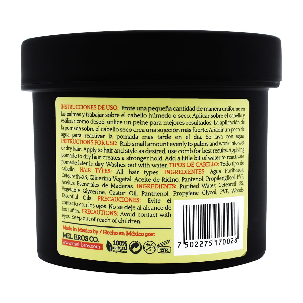 MEL BROS CO. - Hair Styling Pomade - Pomada para estilizar el Cabello. Base Agua. (4 oz / 118 ml, Media Fijación)