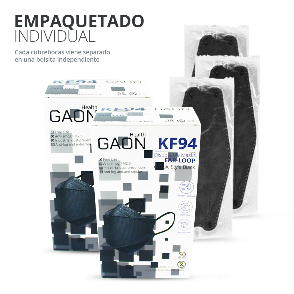 Cubrebocas Kf94 Negro 50 piezas Tapabocas Premium Máxima Protección Fda Ce