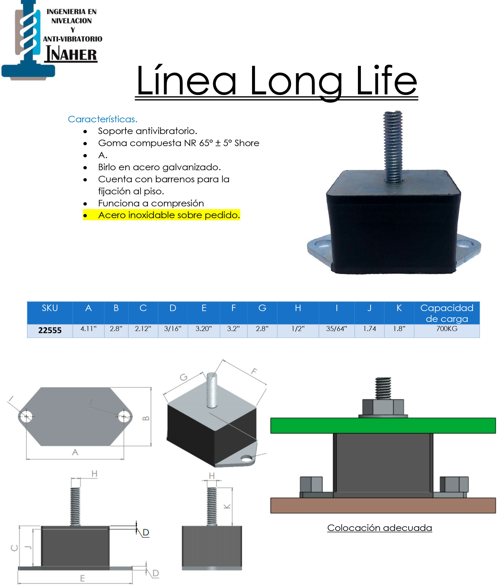 Soporte Antivibratorio para maquinaria con fijación al piso para 700KG (6pzas).