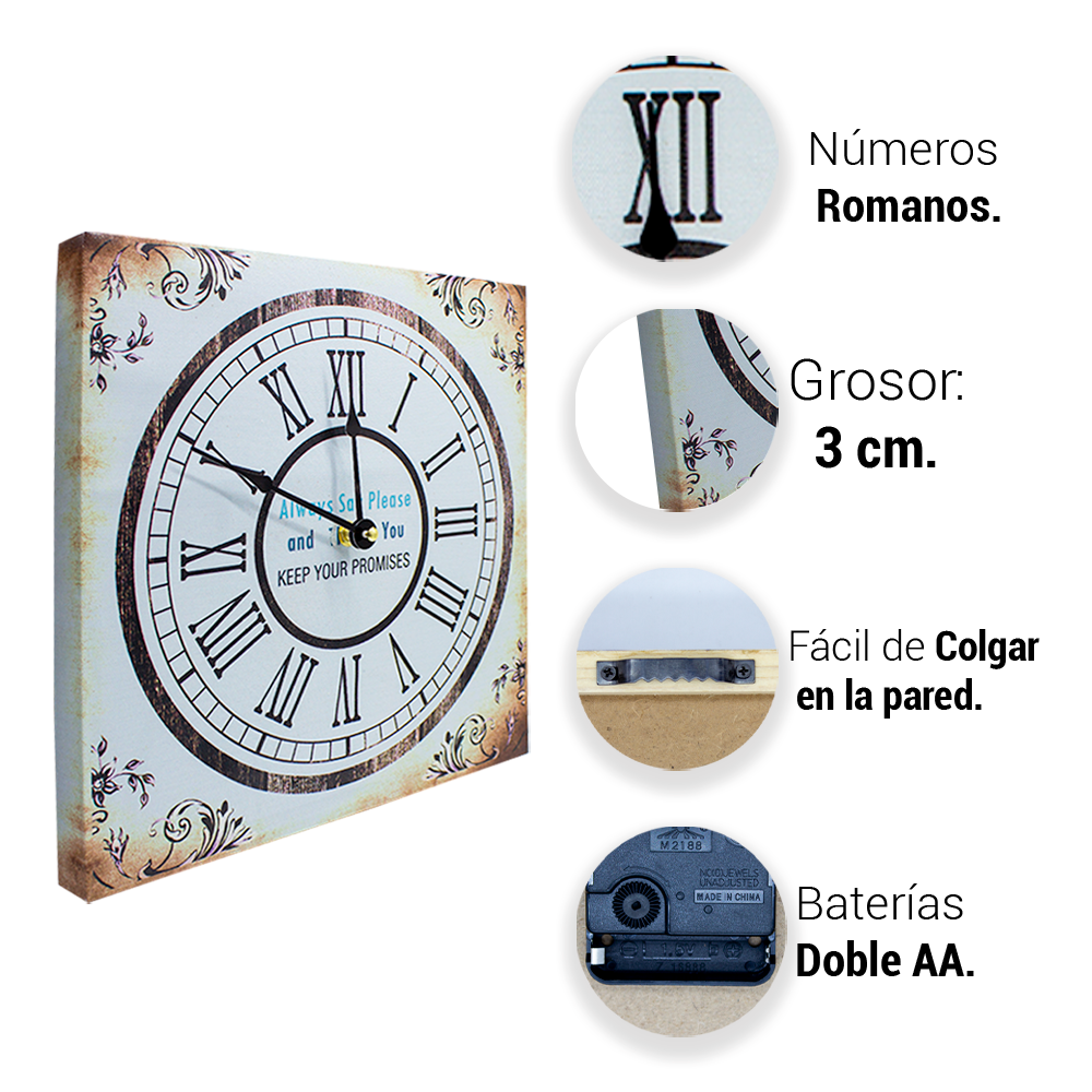Reloj De Pared Vintage Grande Cuadrado 30 Cm De Madera Mdf Blanco