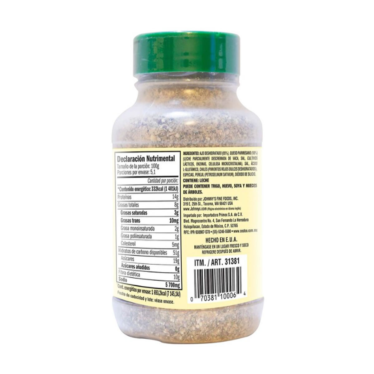 Johnnys Aderezo Sazonador con Ajo y Queso Parmesano 510 g