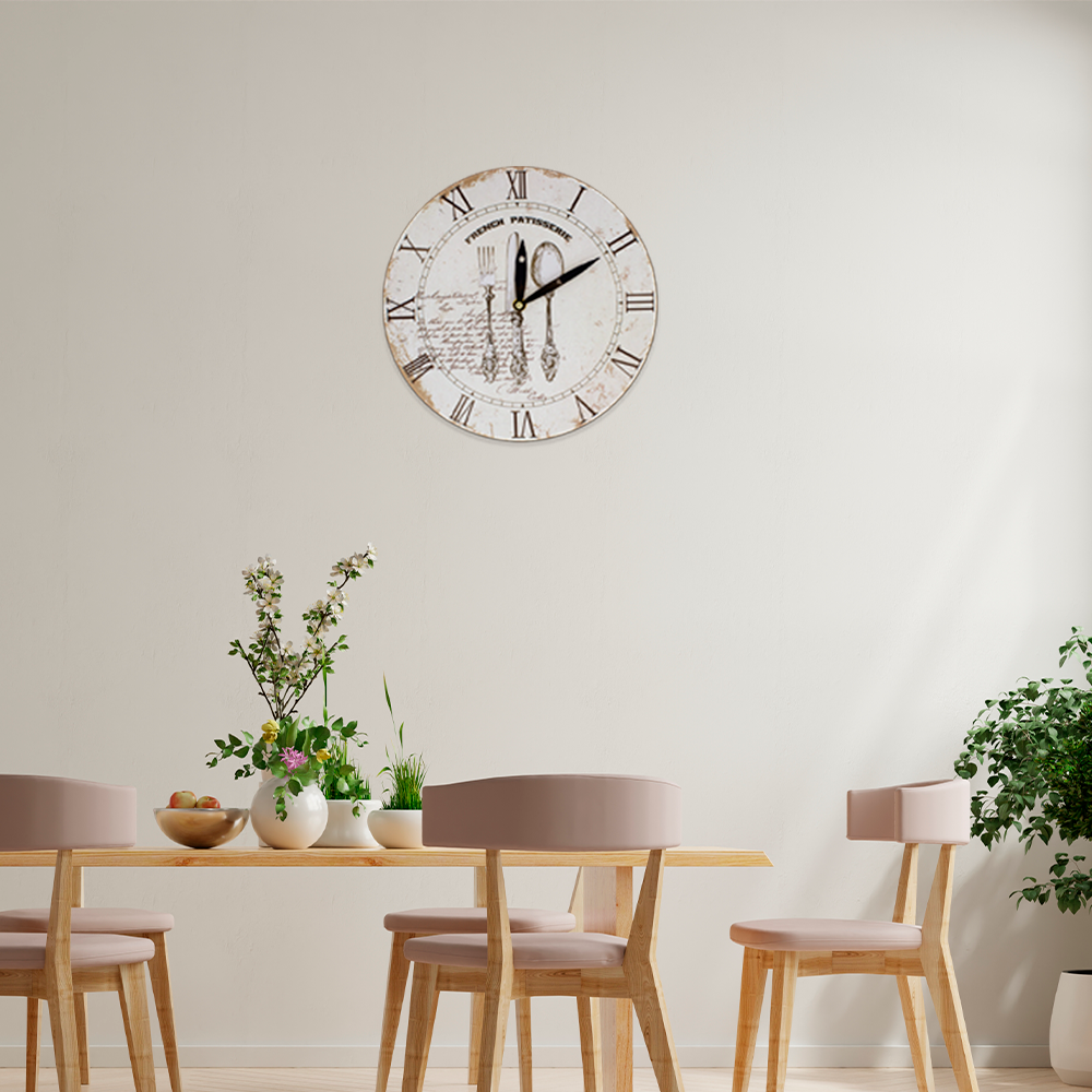 Reloj De Pared Vintage Grande Circular 34 Cm De Madera Mdf Utensilios