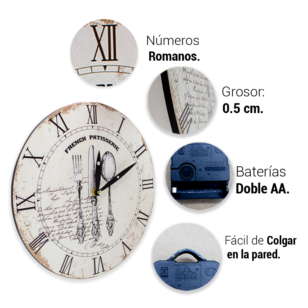 Reloj De Pared Vintage Grande Circular 34 Cm De Madera Mdf Utensilios
