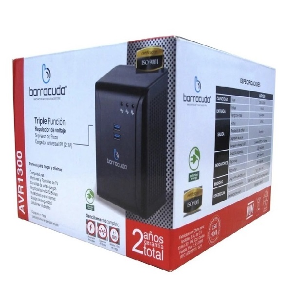 Regulador De Voltaje Barracuda AVR1300 con 2 Puertos USB y 8 Contactos con Indicadores Led