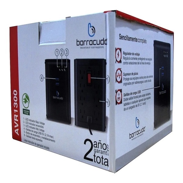 Regulador De Voltaje Barracuda AVR1300 con 2 Puertos USB y 8 Contactos con Indicadores Led