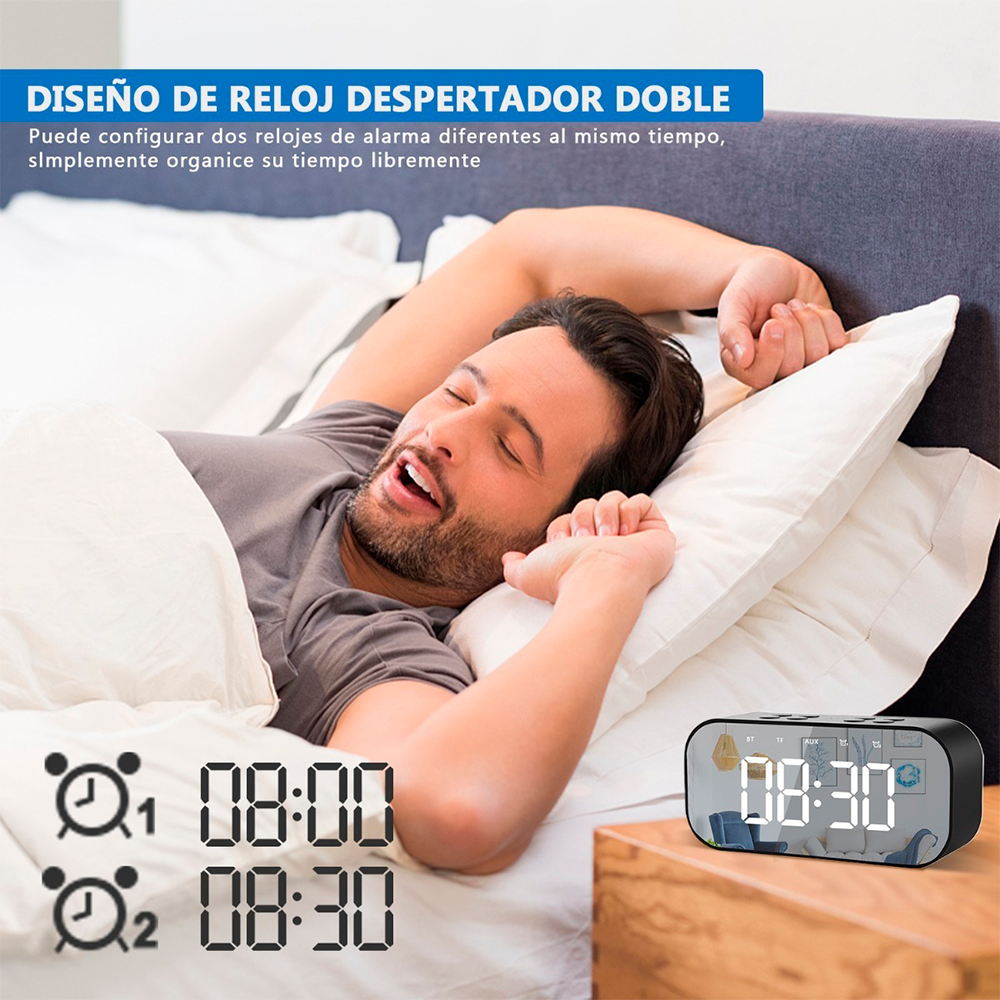 Reloj Despertador Digital con alarma Y Bocina Bluetooth Negro